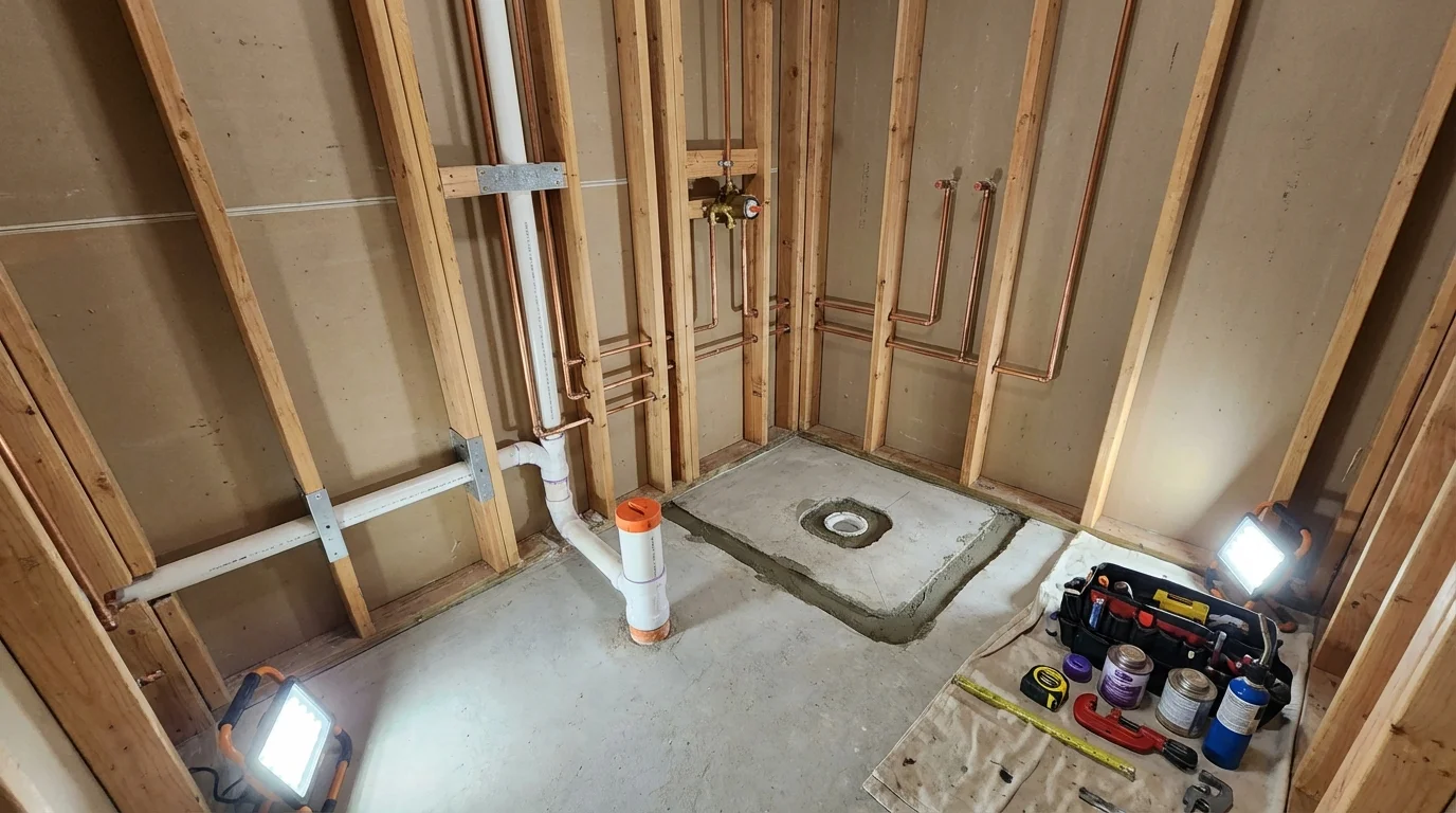 Bathroom rough-in plumbing during remodel by Johns Plumbing LLC in Westland