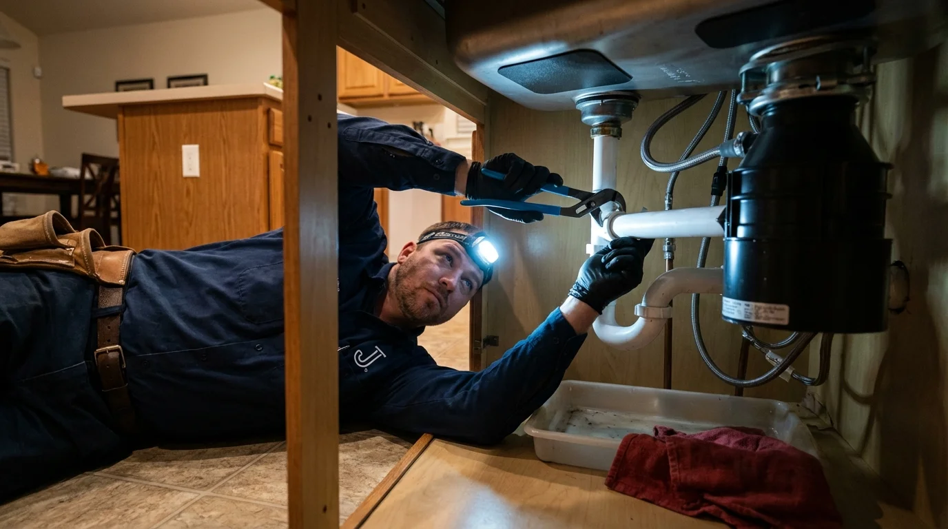 P-trap and supply line connections under a kitchen sink showing a common leak point in Westland, MI